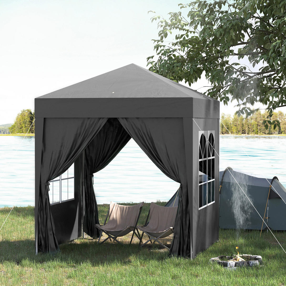 FALTPAVILLON, Blau, Stahl, Oxford-Stoff - Schwarz, Metall (2/2.4/2cm) - Outsunny