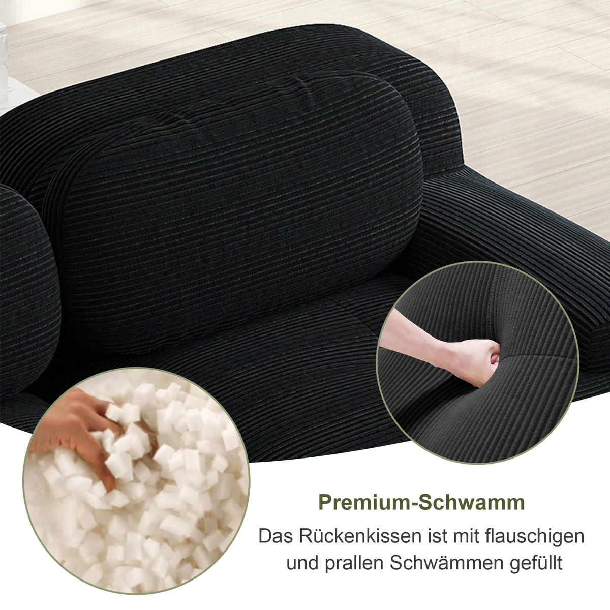 4-SITZER Sofa 388x178x75 cm aus Cordstoff rahmenlos modular mit 2 Ottomans, schwarz - Schwarz, Textil (178/75/388cm)
