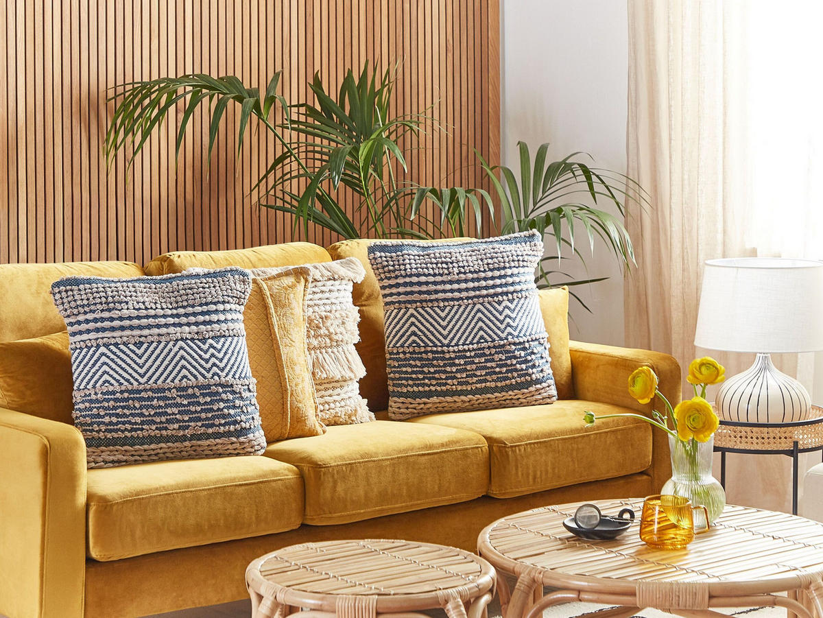 DEKOKISSEN 2er-Set Blau 45/45 cm Dewberry - Blau/Beige, Textil (45/45cm) - Beliani