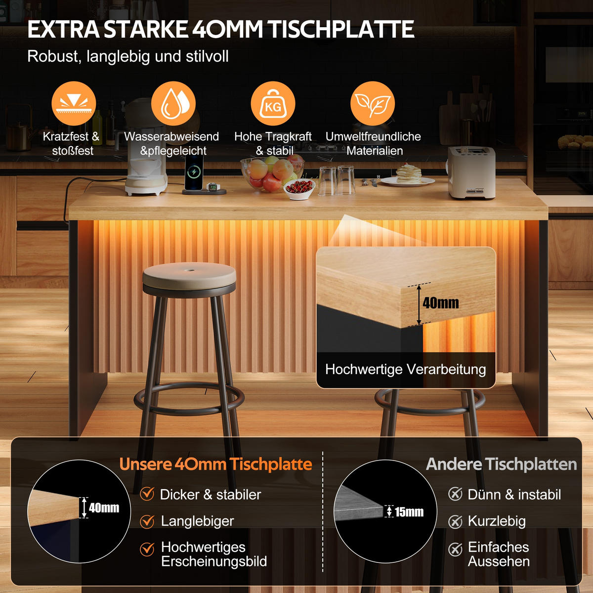 KÜCHENINSEL 155/80/90 cm Natürlich mit LED-Leuchten, 2 Steckdosen und 2 USB-Anschlüsse - Naturfarben, Holz/Holzwerkstoff (80/90/155cm) - Oxeza