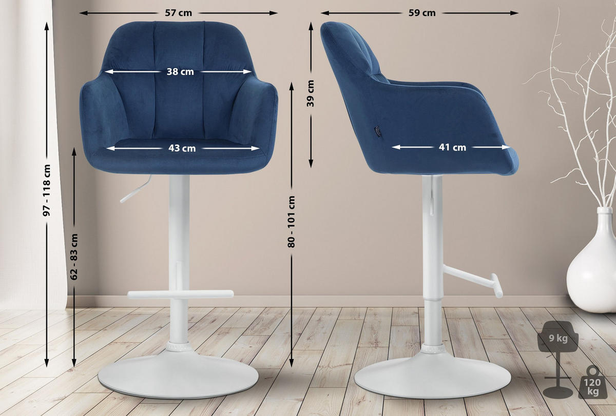 BARHOCKER Samt blau - Blau/Weiß, Textil (57/97/59cm) - CLP