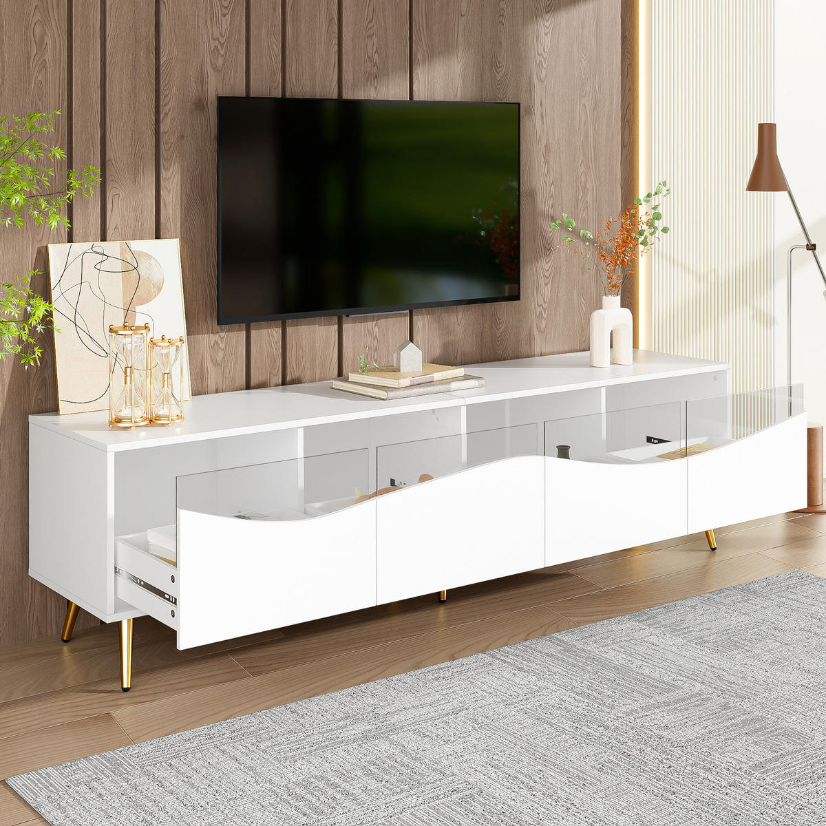 LOWBOARD 180/40/50 cm Weiß aus MDF mit LED-Beleuchtung und Glasfront - Weiß, Holzwerkstoff (40/50/180cm) - OKMYHOME