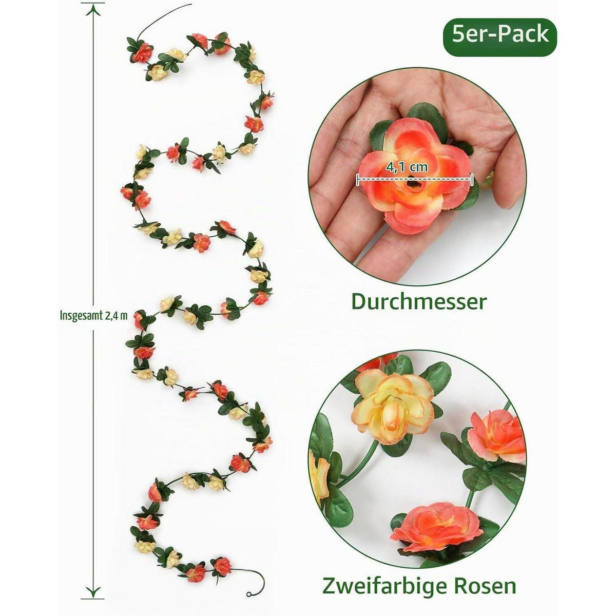 KÜNSTLICHE Blumengirlande 5-teiliges Set Champagner 2,45 m - Multicolor, Kunststoff (1cm)