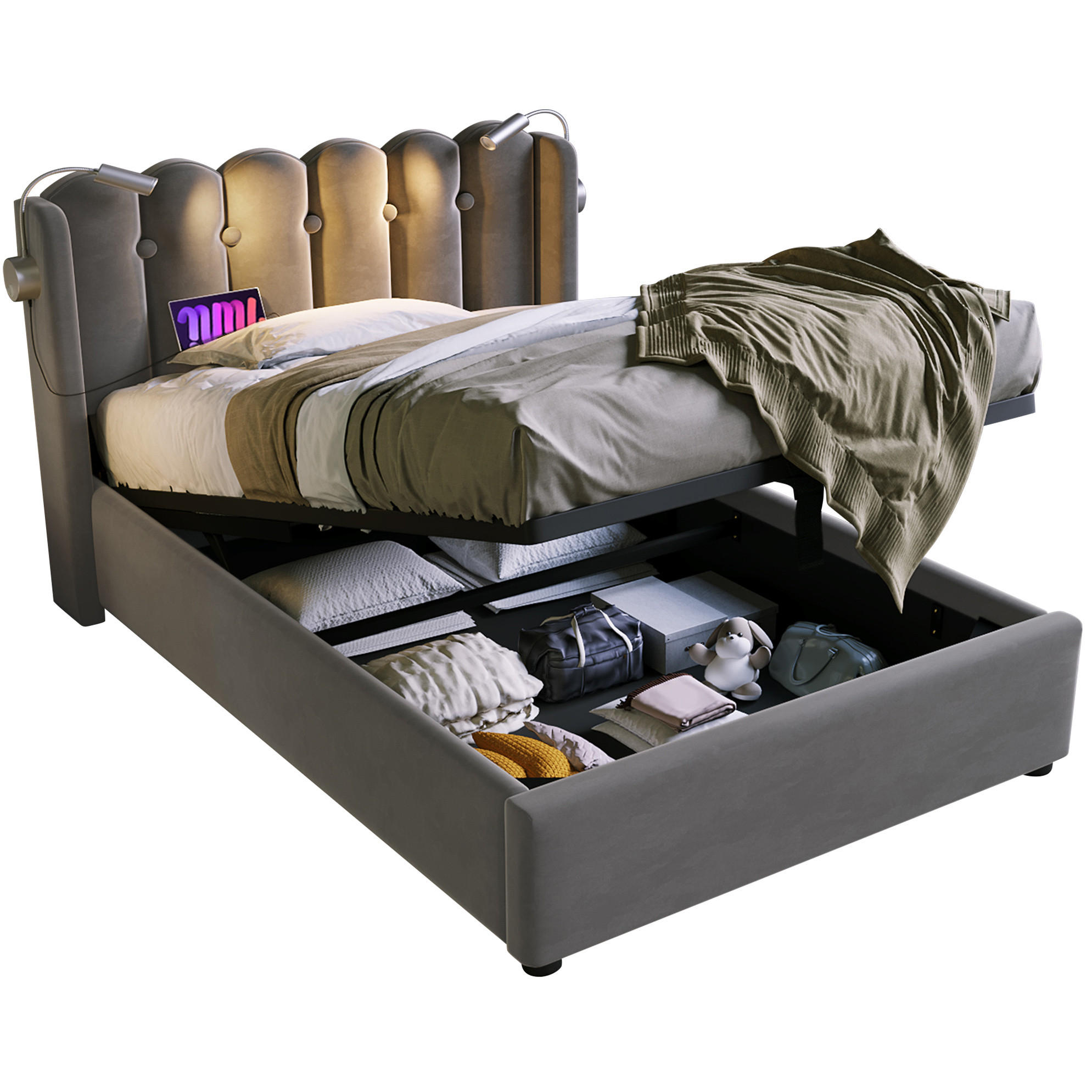 POLSTERBETT 90/200 cm Grau aus Samt mit Bettkasten und USB - Grau, Textil (90/200cm) - OKMYHOME