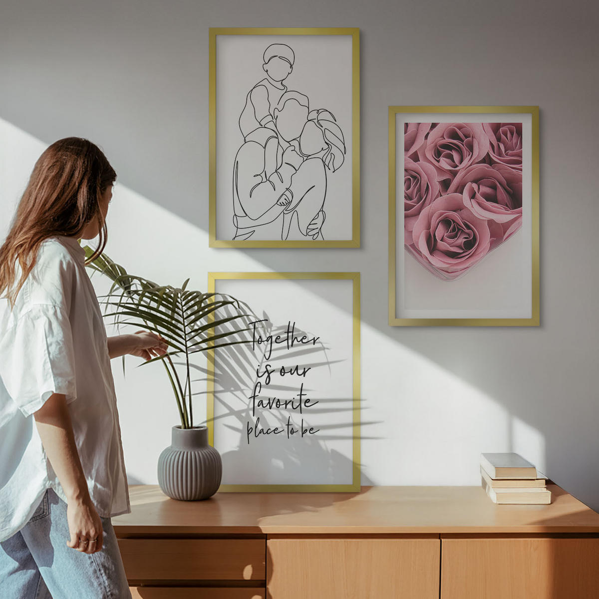 WANDBILDER 3er Set - 40x60 cm Goldrahmen - Rosensträuße als Familienzeichnung - Goldfarben, Kunststoff (40/60cm) - ArtPrintCave