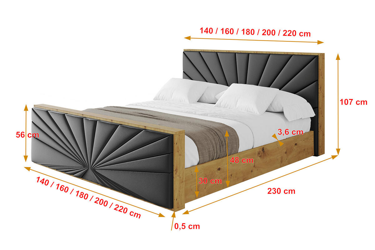 POLSTERBETT mit Bettkasten, Fußteil und Lattenrost, Boxbett mit Matratze H3/H4 - ENZO6-Z 200x200 Schwarz Kunstleder - Schwarz Hochglanz, Holzwerkstoff/Textil (200/200cm) - ALTDECOR