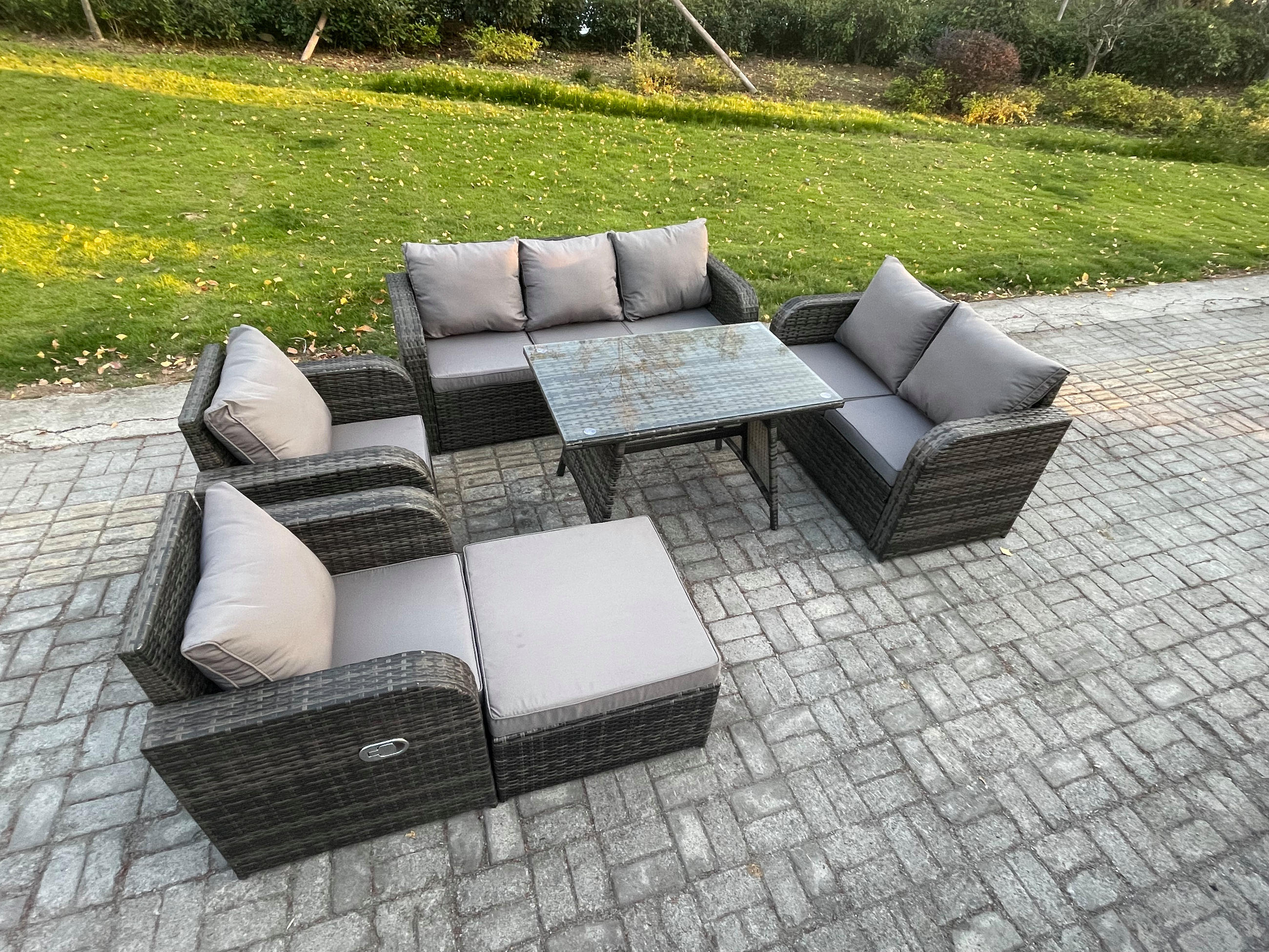 GARTENMÖBEL SET Polyrattan Dunkelgrau 8-Sitzer - Dunkelgrau/Grau, Glas/Kunststoff - Fimous