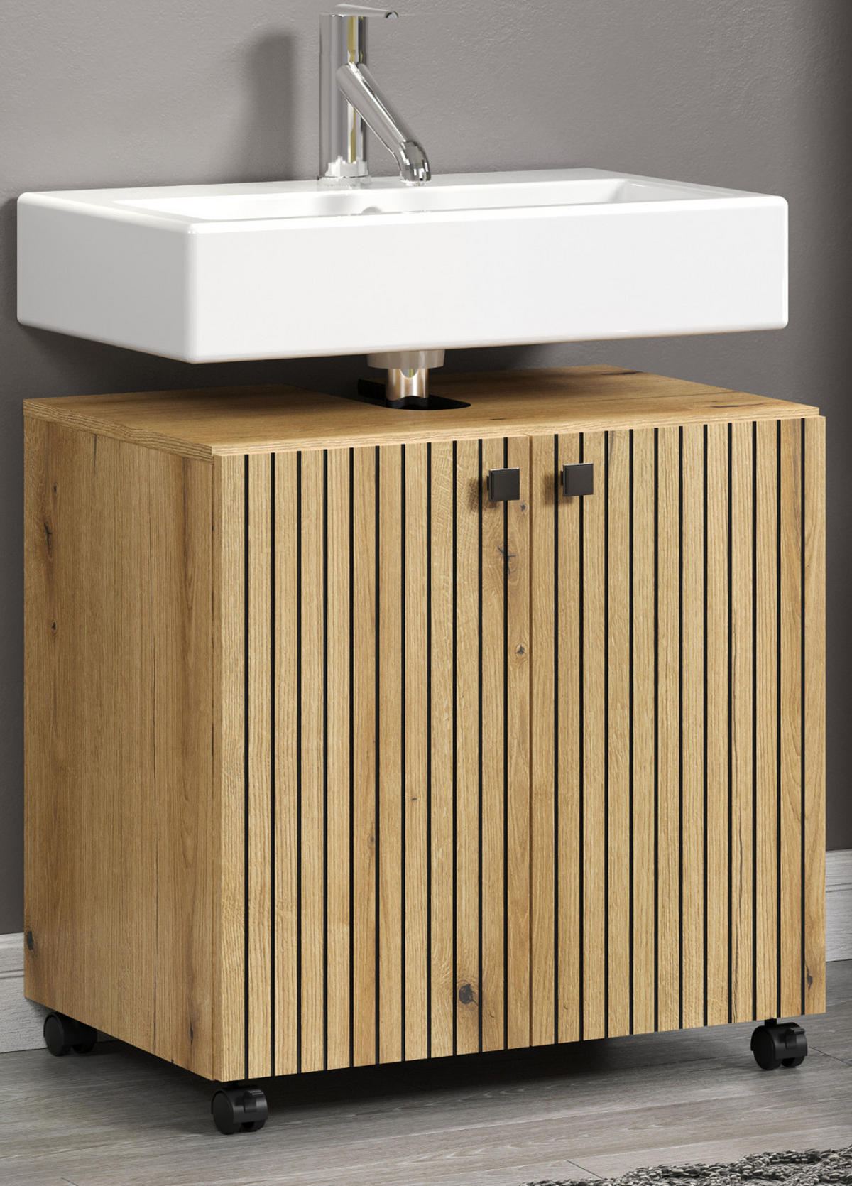 WASCHBECKENUNTERSCHRANK Evoke Eiche 60 cm, Badschrank auf Rollen - Eichefarben/Schwarz, Holzwerkstoff/Kunststoff (60/64/42cm) - Top.Furn