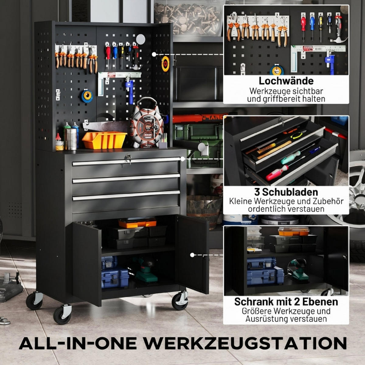KOMBINATIONSKOFFER – 3 Schubladen, schwarz - Schwarz, Metall (33/133/69cm) - DCA