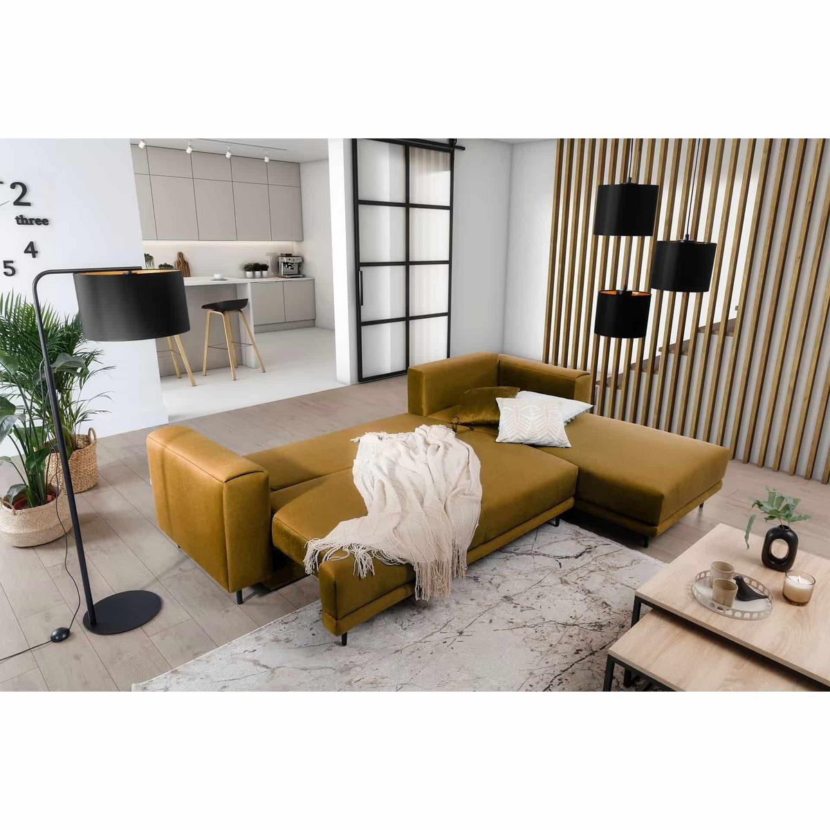 ECKSOFA mit Schlaffunktion und Bettkasten, Loco-Stoff - Gelb/Schwarz, Textil/Metall (190/289cm) - Eltap