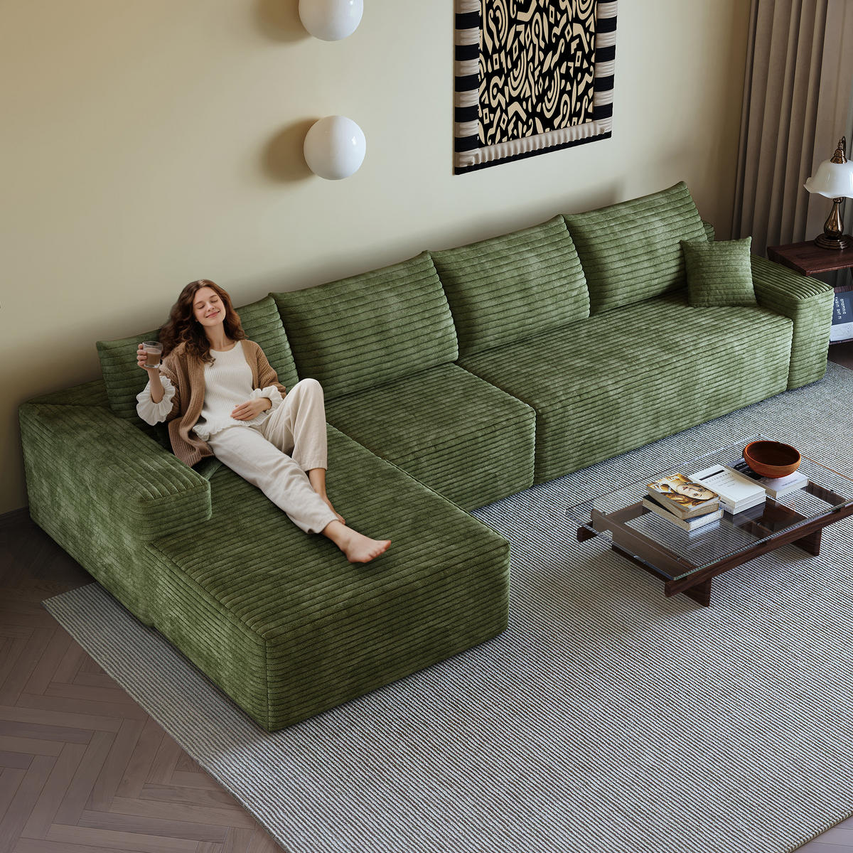 ECKSOFA 340/175/83 cm Grün mit L-förmiger Chaiselongue, Linke Seite - Grün, Textil (340/175cm) - Oxeza