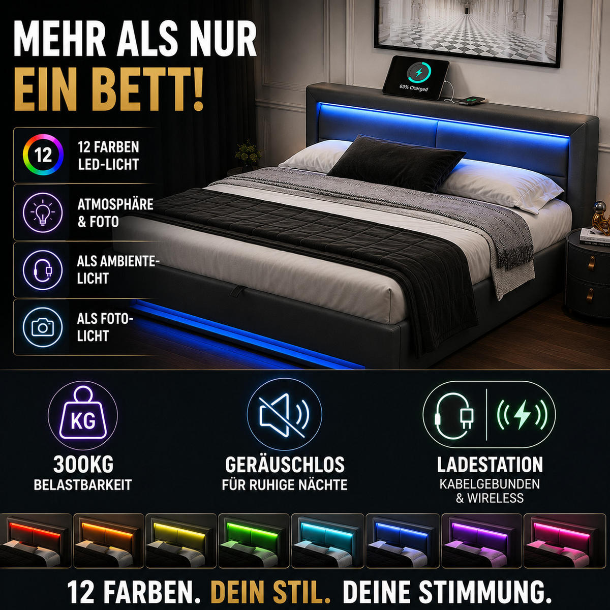 POLSTERBETT 90x200 cm Stauraum LED Stauraum USB Anschluss - Schwarz, Textil - Raelunyi