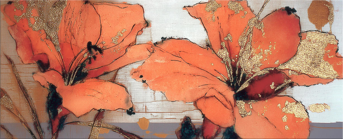 GLASBILD 125x50 cm Blumen orange gold - Beige, Glas (125/50cm) - artissimo