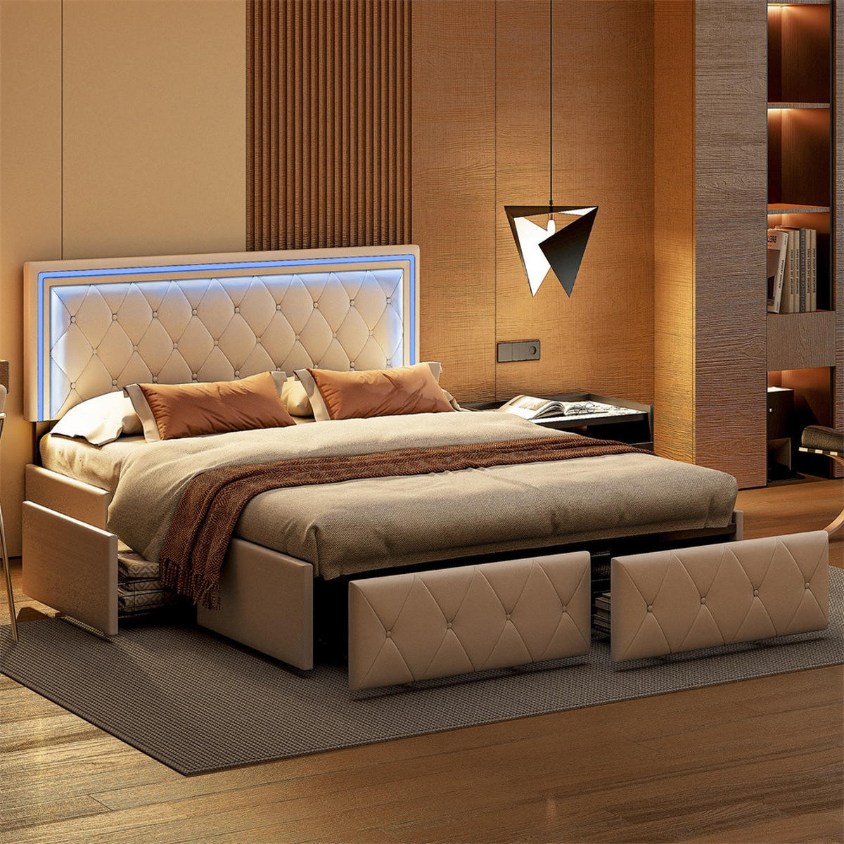 POLSTERBETT 160x200 cm - Doppelbett mit 4 Schubladen und LED-Kopfteilbeleuchtung - Creme-Weiß - ohne Matratze - Beige, Textil (160/200cm) - DELFA