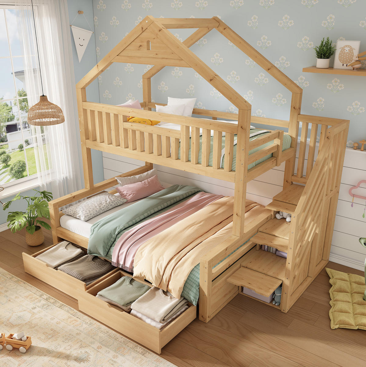 KINDER-ETAGENBETT 90x200 & 140x200 cm in Eichefarben mit Treppenschrank und Schubladen - Eichefarben, Holz (140/200cm) - IVMEU