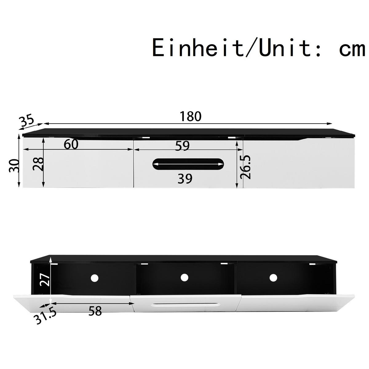 WANDLOWBOARD 180/35/30 cm mit LED-Beleuchtung und Kabeldurchlass - Schwarz, Holzwerkstoff (180/30/35cm) - BEAOK