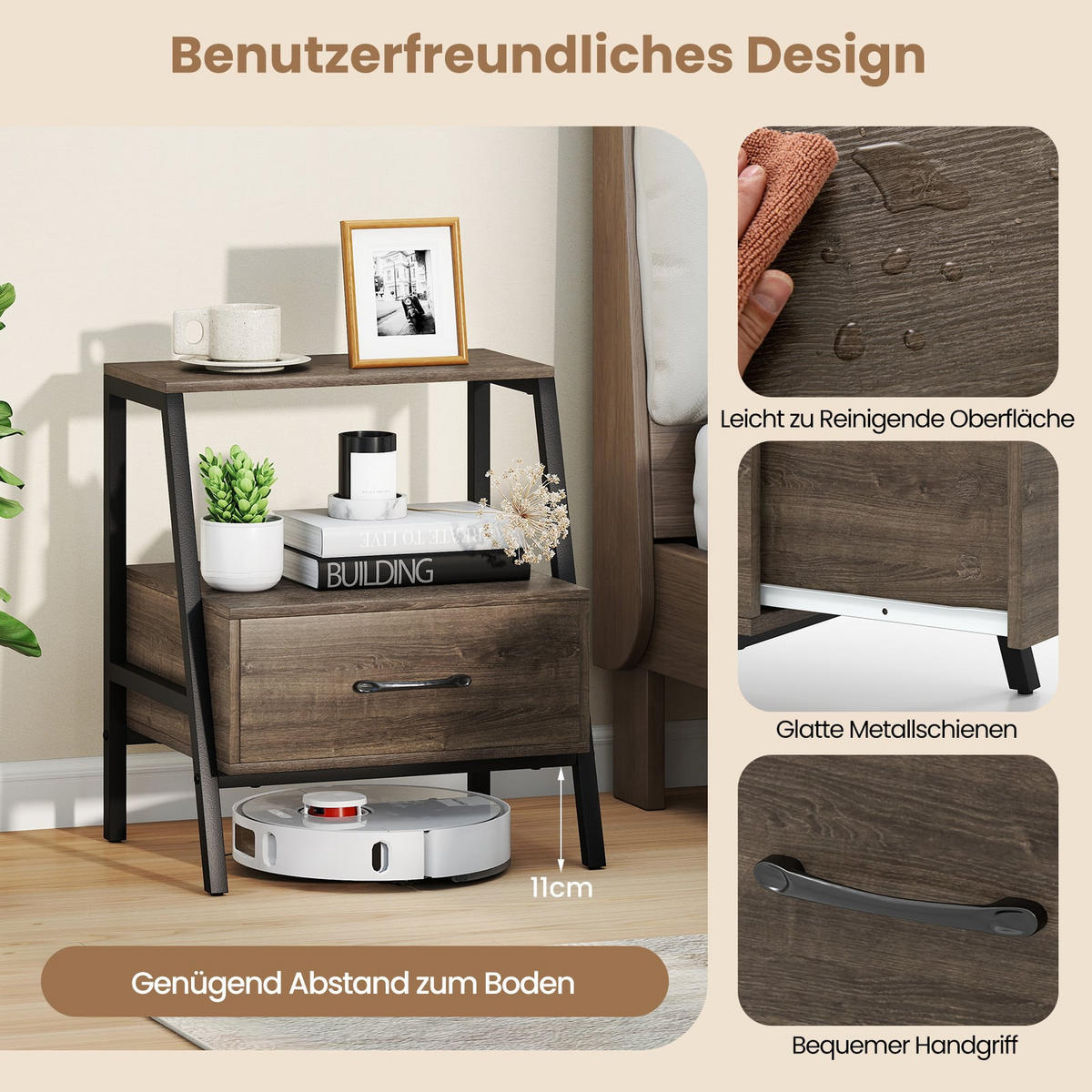 NACHTTISCH mit Schublade, offenes Regal und Metallrahmen, 45 x 35 x 52,5 cm - Grau, Holzwerkstoff (45/52.5/35cm) - DESIGN IN