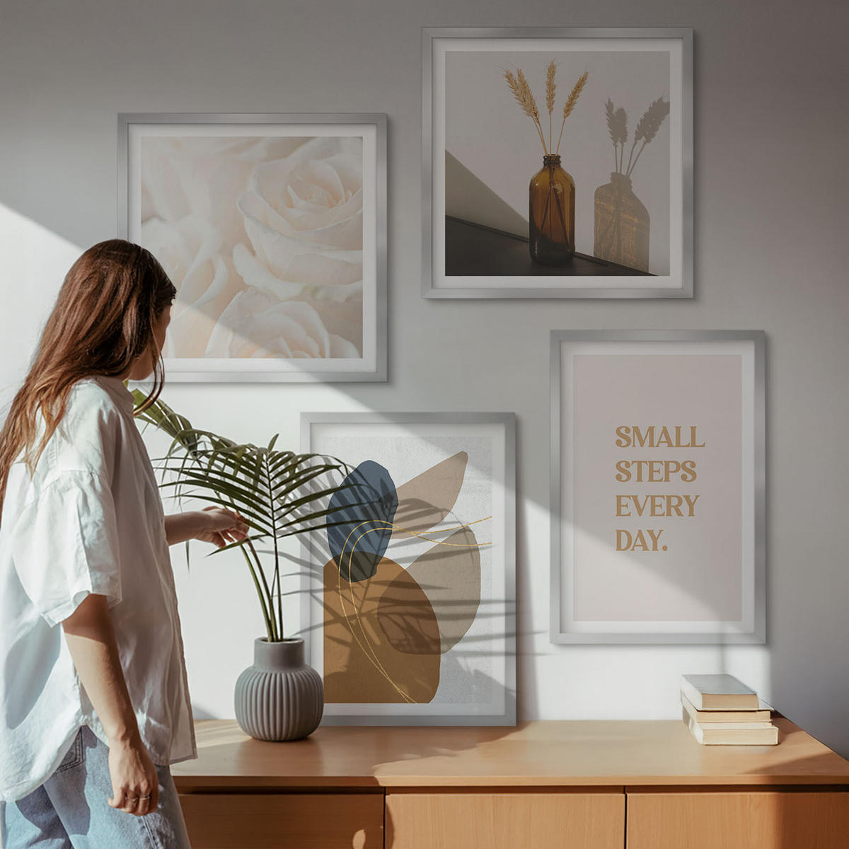 WANDBILDER 4er Set - 50x50 cm & 40x60 cm Silberner Rahmen - Abstrakte Formen Akzente - Silberfarben, Kunststoff (50/50cm) - ArtPrintCave