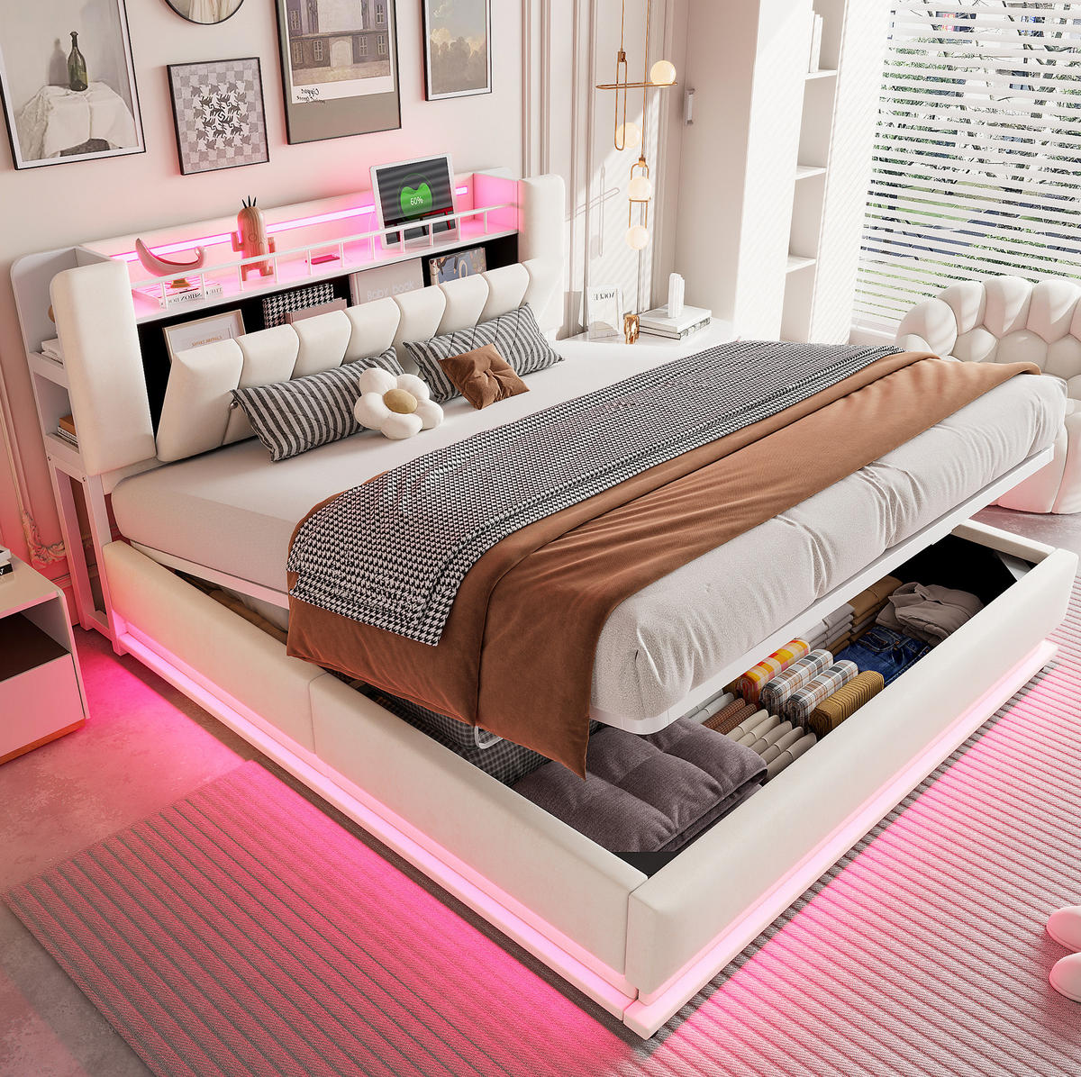 POLSTERBETT 180/200 cm Beige mit LED-Beleuchtung und Stauraum Samtbezug - Beige, Textil (180/200cm) - OKWISH