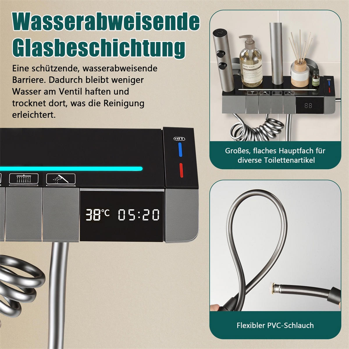 DUSCHSYSTEM mit Digitalanzeige und LED-Beleuchtung - Höhenverstellbare Duschstange mit Handbrause - Grau - Grau, Metall (35/120/30cm) - DELFA
