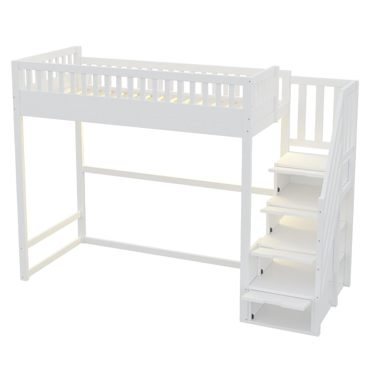 HOCHBETT 90/200 cm in Weiß mit Stauraumtreppe und LED Holz Kinderbett - Weiß, Holzwerkstoff (90/200cm) - STILVORA