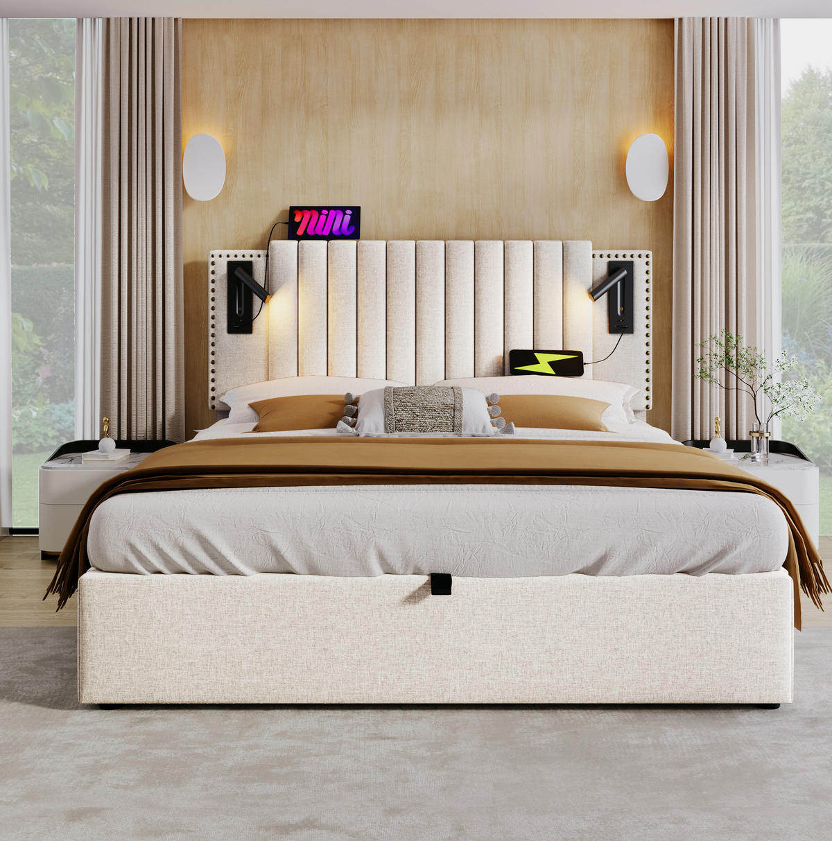 POLSTERBETT 160/200 cm Beige mit Stauraum und Leselicht - Beige, Textil (160/200cm) - OKWISH