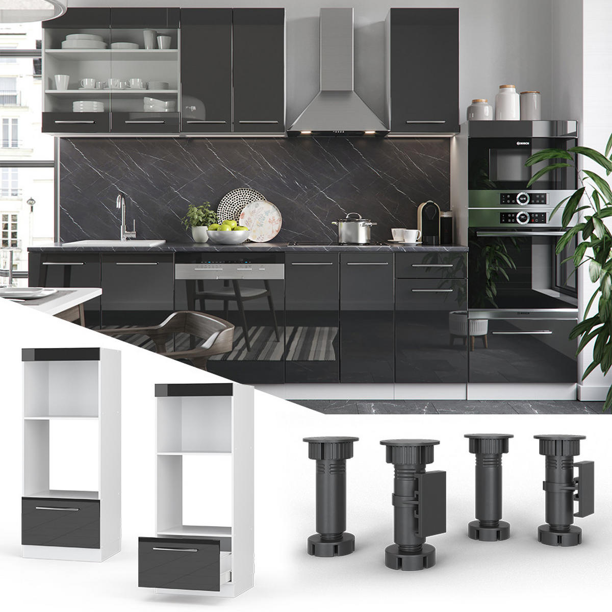 MIKROWELLENSCHRANK Fame-Line Anthrazit Hochglanz 60 cm offen - Schwarz Hochglanz/Anthrazit, Holzwerkstoff (60/153.6/58.1cm) - Vicco