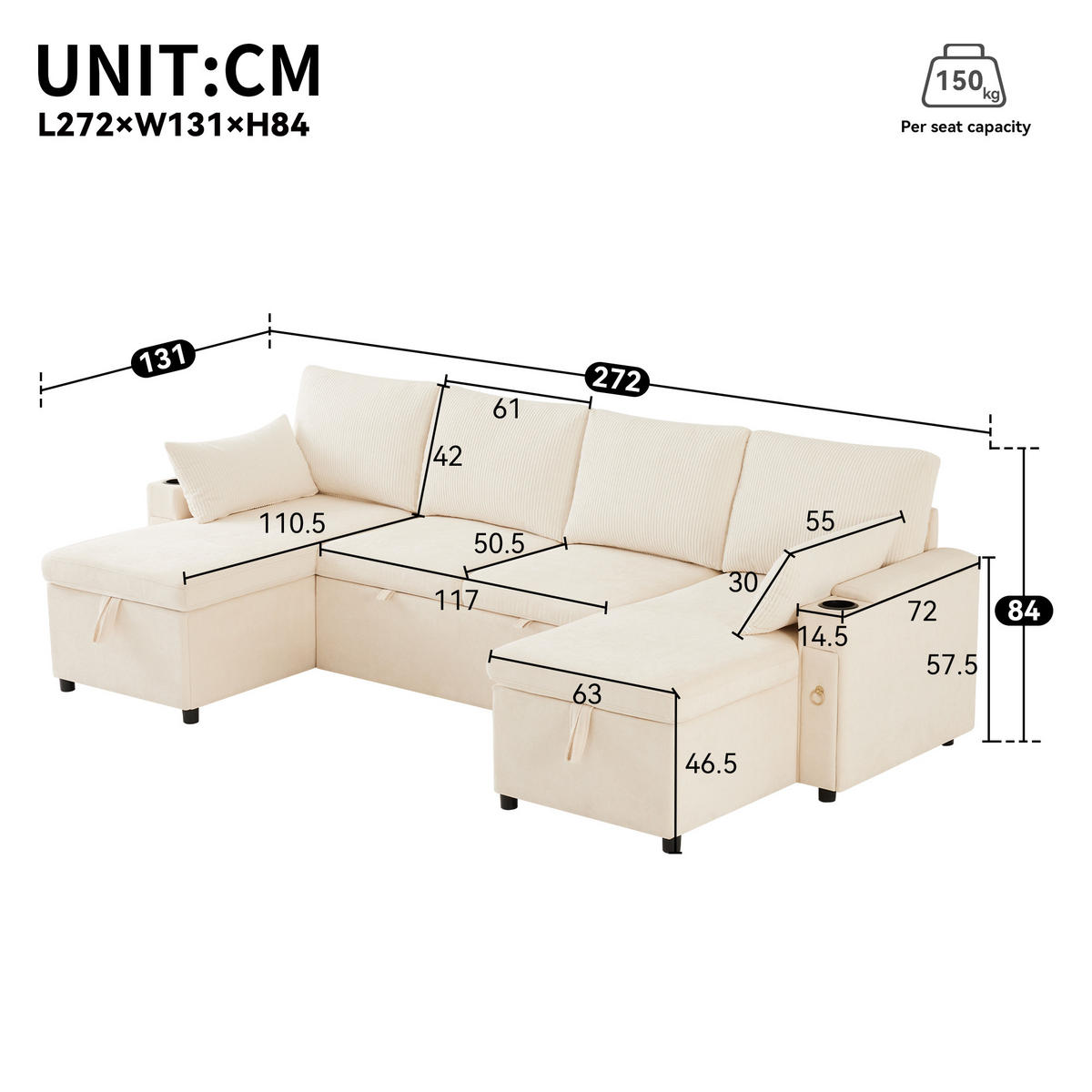 SCHLAFSOFA 272x131x84 cm aus Chenille & Cord mit Stauraum, beige - Beige, Textil (131/84/272cm) - Luhomfu