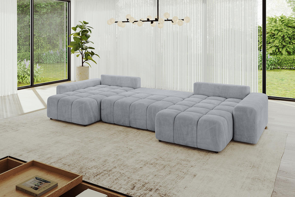 WOHNLANDSCHAFT ENIL-U 390x175x84 Hellgrau Velours - Hellgrau, Holzwerkstoff/Kunststoff (390/84/175cm) - ALTDECOR