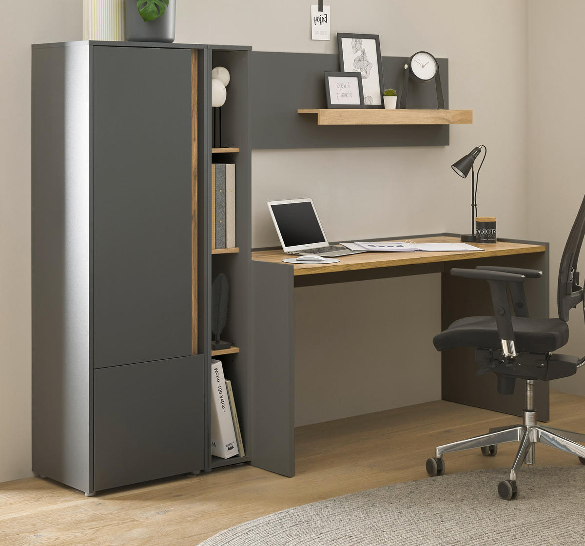 SCHREIBTISCHKOMBINATION 4-teilig grau matt, Eiche Wotan 213 cm, Büromöbel Set mit viel Stauraum - Eichefarben/Eiche Wotan, Holz/Holzwerkstoff (62/213/155cm) - Furn.Design