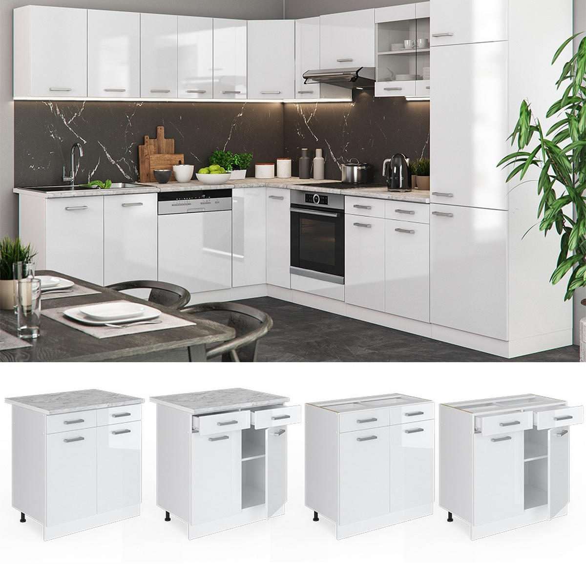 KÜCHENUNTERSCHRANK R-Line Weiß Hochglanz 80 cm , AP Marmor - Weiß Hochglanz/Weiß, Holzwerkstoff (80/81.6/60cm) - Vicco