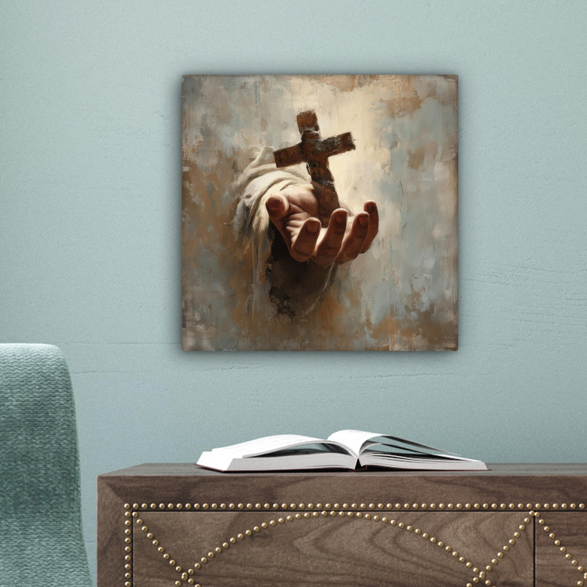LEINWANDBILD Abstrakt - Kreuz - Hand - Christentum Deko Wohnzimmer 20x20 cm - Hellbraun, Textil (20/20cm) - MuchoWow