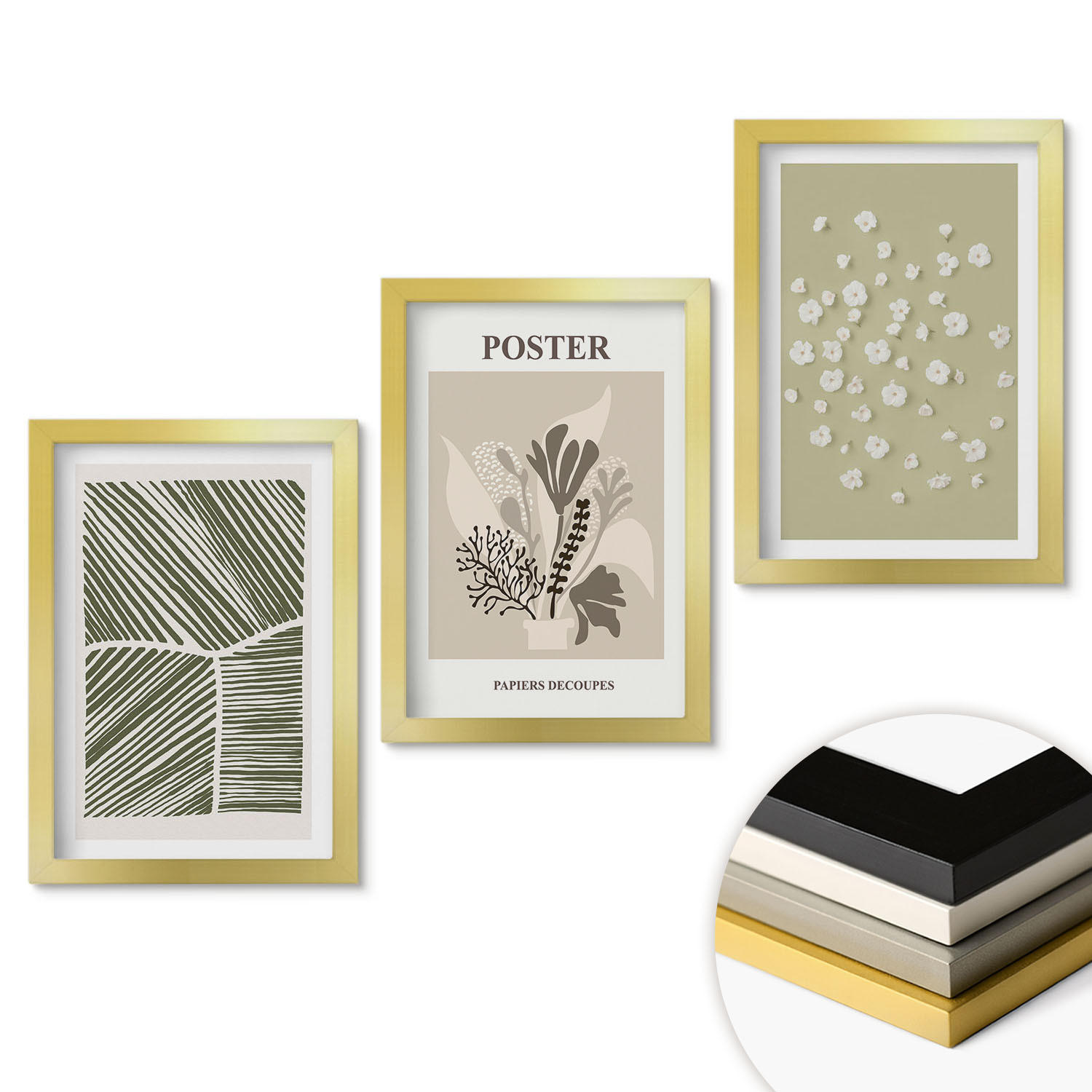WANDBILDER 3er Set - 20x30 cm Goldrahmen - Gedämpfte Pflanzenmotive - Goldfarben, Kunststoff (20/30cm) - ArtPrintCave