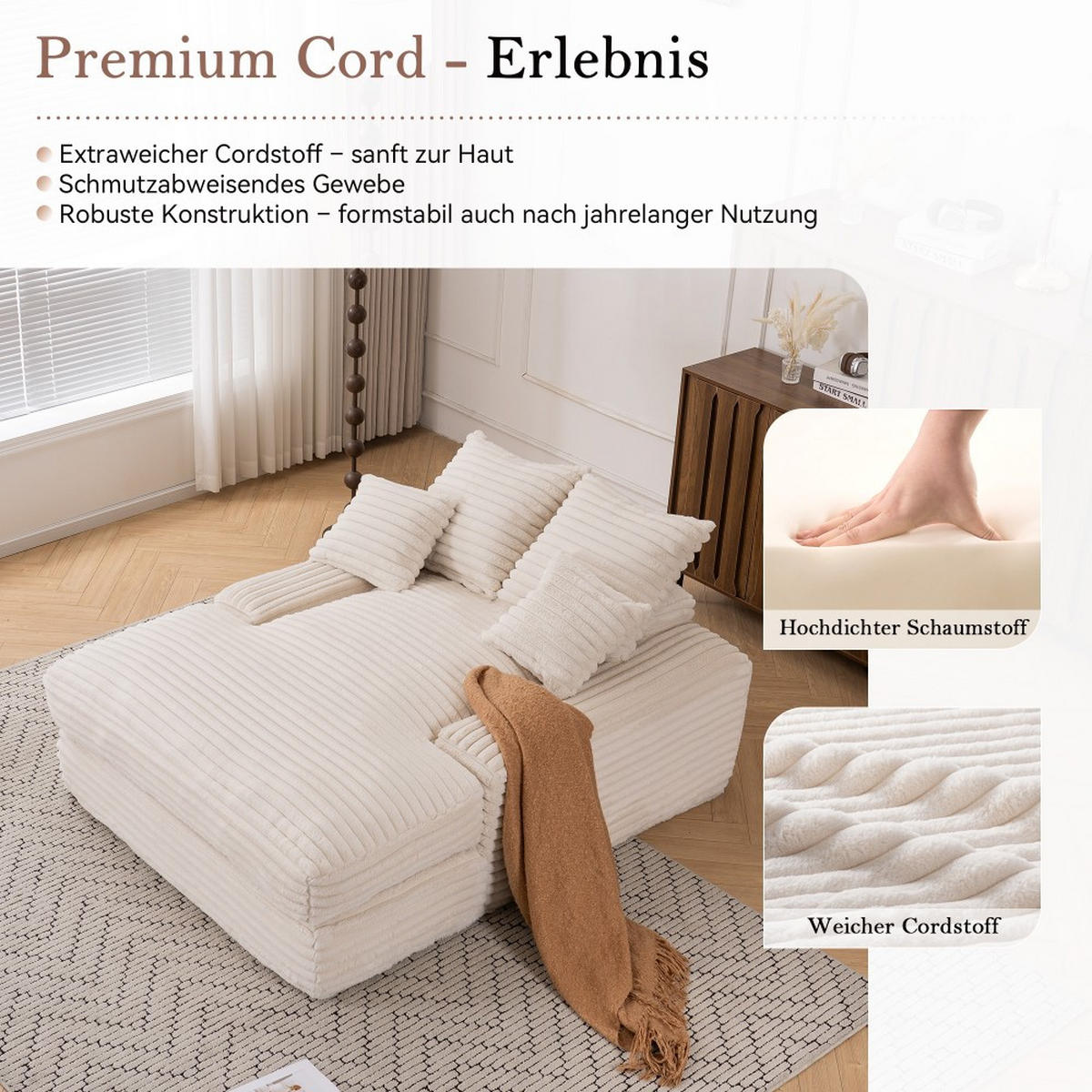 SCHLAFSOFA Luxus-Cord 4 Kissen montagefrei & platzsparend Beige - Beige, Kunststoff (137/63/175cm)