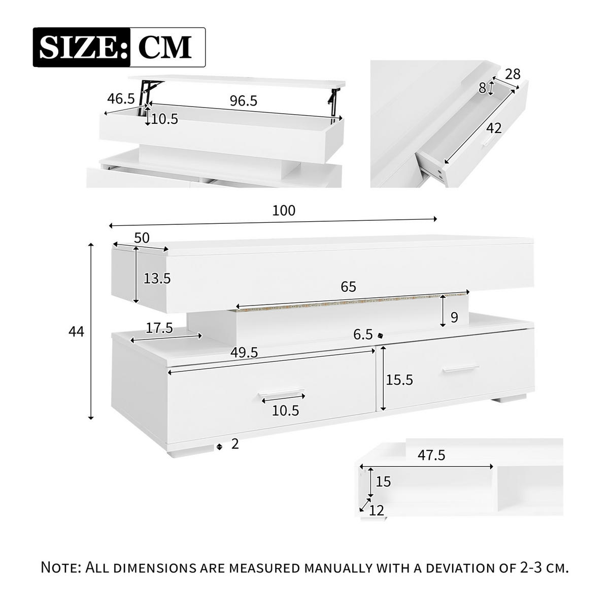 COUCHTISCH 100/50/44 cm Weiß mit LED-Beleuchtung und hydraulischer Höhenverstellung - Weiß, Holzwerkstoff (100/50/44cm) - Flora Grace