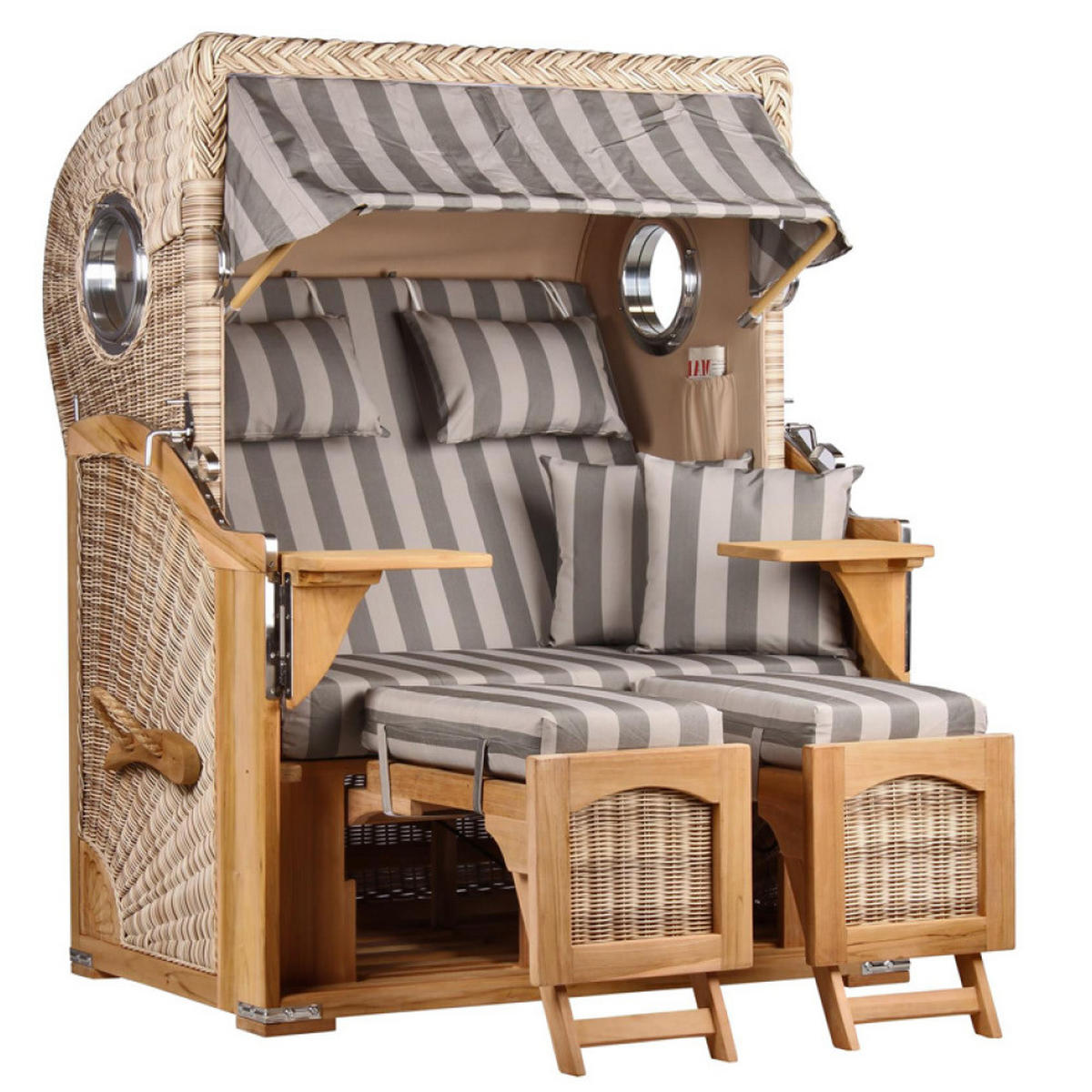 STRANDKORB Düne 2-Sitzer Teak Shell Bullauge - Braun/Grau, Holz/Metall (125/170/80cm) - Mr. Deko