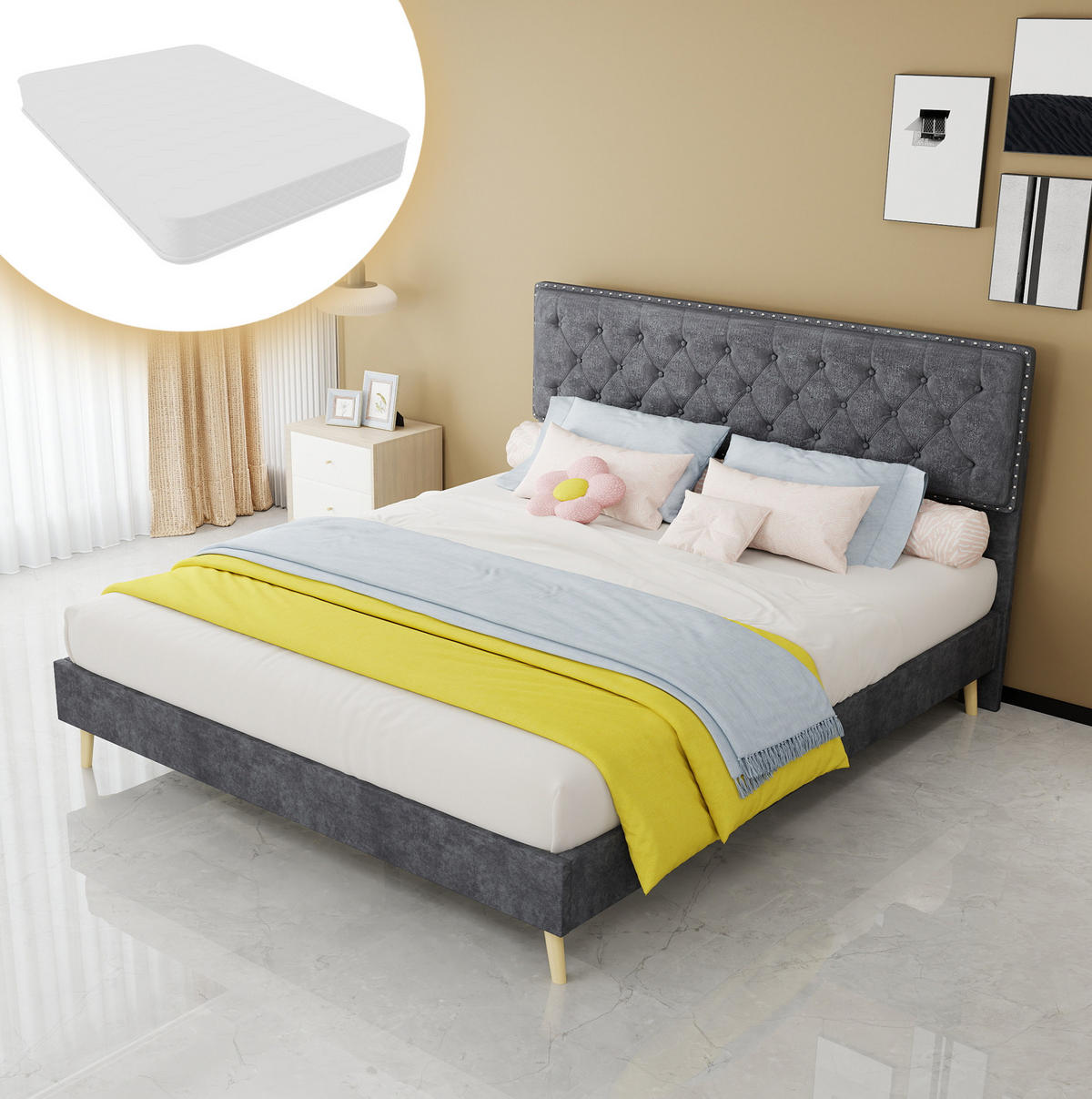 POLSTERBETT 160/200 cm mit Matratze, hohem Kopfteil und Stauraum unter dem Bett, Grau - Grau, Textil (160/200cm) - Redom