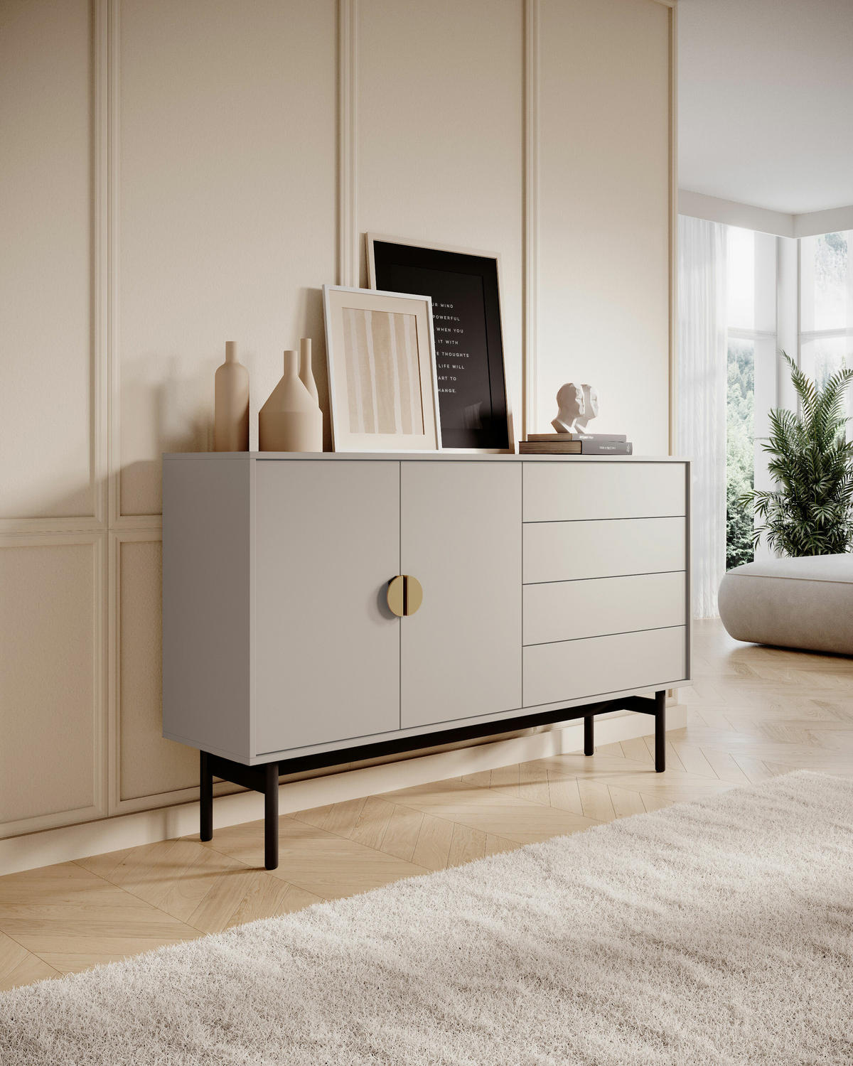 SIDEBOARD Stoon Grau-Beige 154 cm - Greige/Goldfarben, Holzwerkstoff/Metall (154/93/38cm) - Selsey