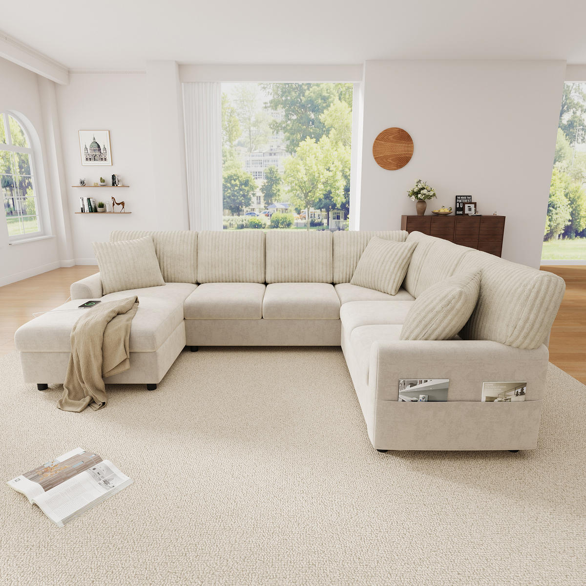 WOHNLANDSCHAFT mit U-Form, Chaise longue, USB und Type-C in Beige - Beige, Textil (249/83/196cm) - EVRYAE