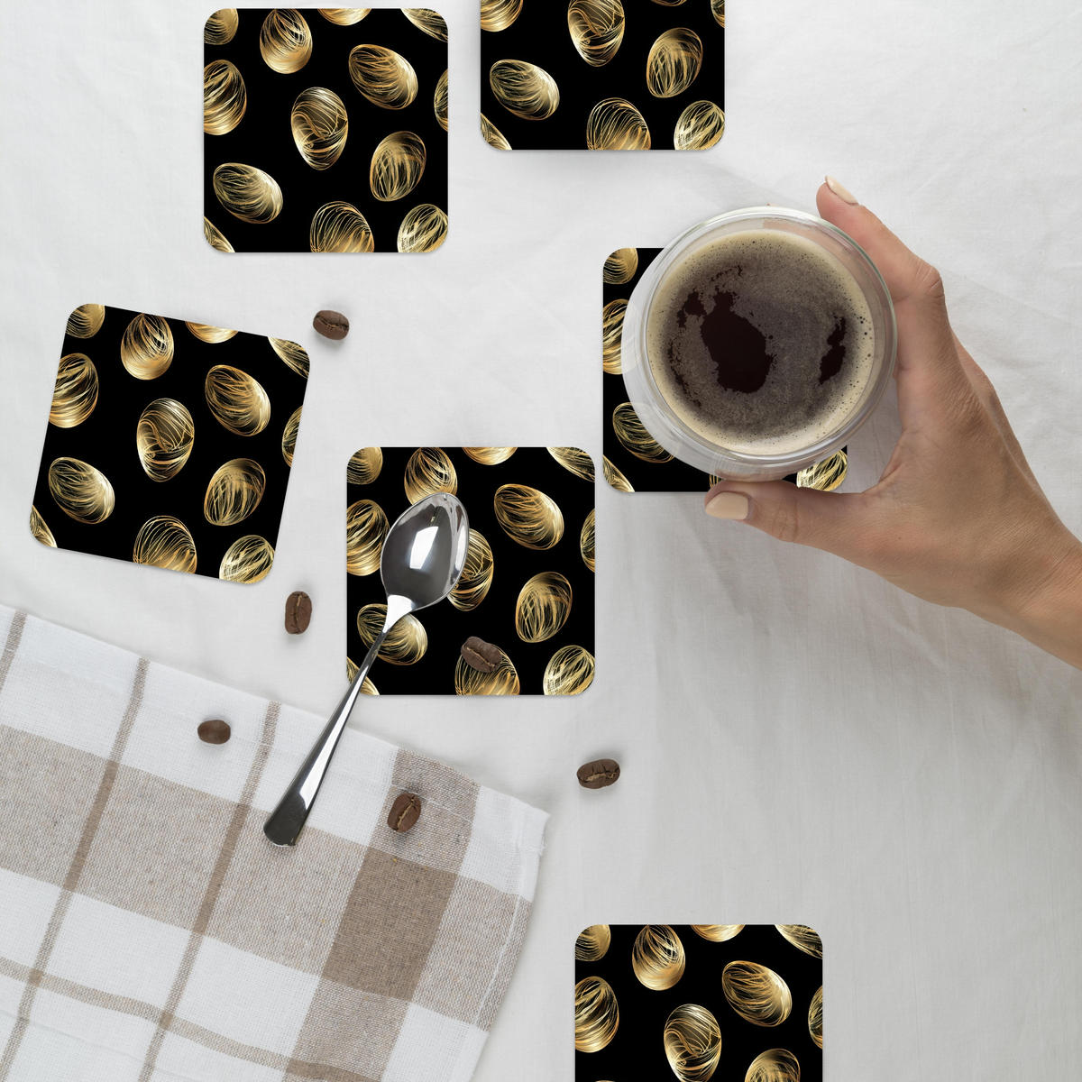 GLASUNTERSETZER 6er-Set Eier - Gold - Muster 10x10 cm - Schwarz, Naturmaterialien (10/0.2cm) - MuchoWow