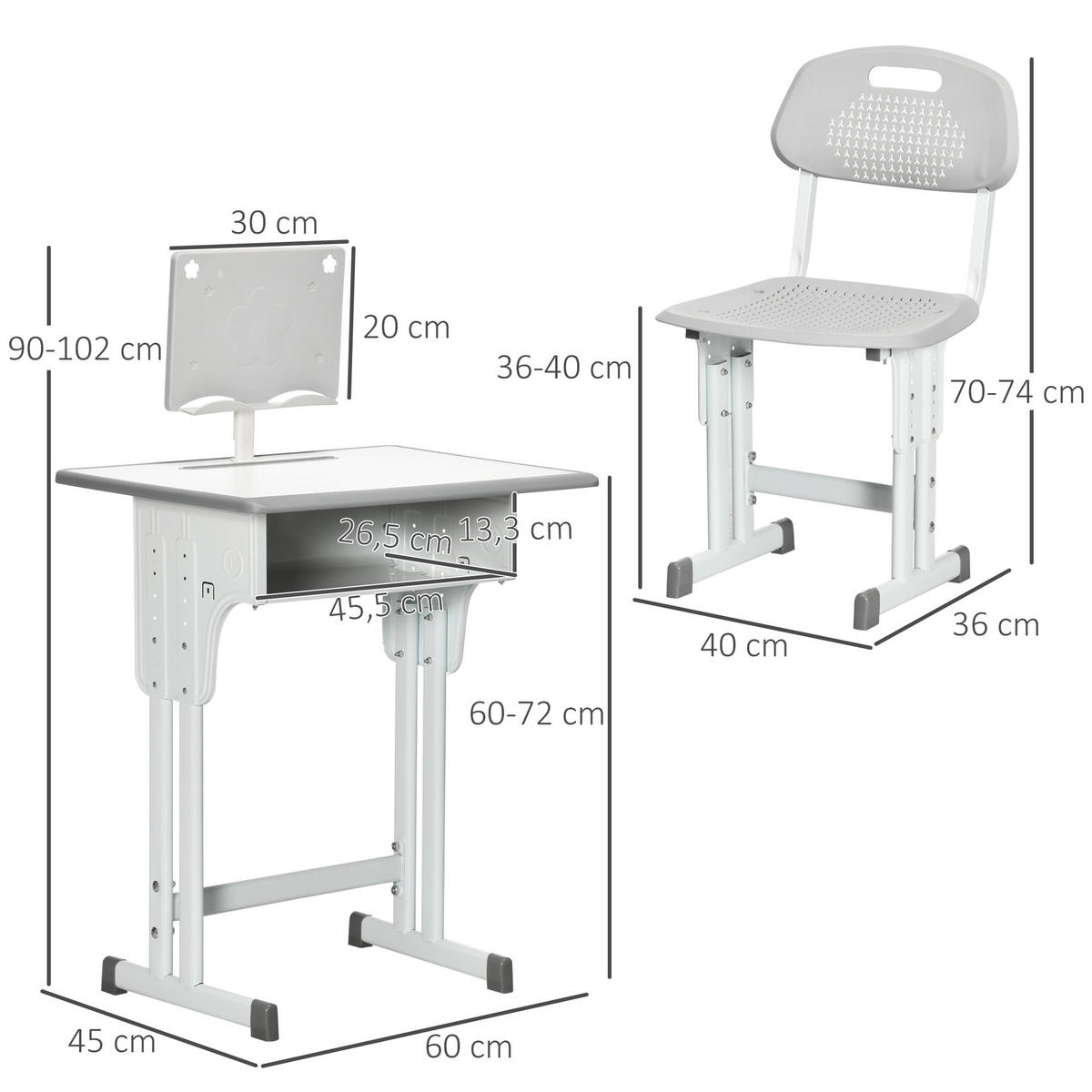 SCHREIBTISCH-SET DE-17507 mit Lesestütze und Staufach Grau - Grau, Kunststoff (60/102/45cm) - ComfortXL