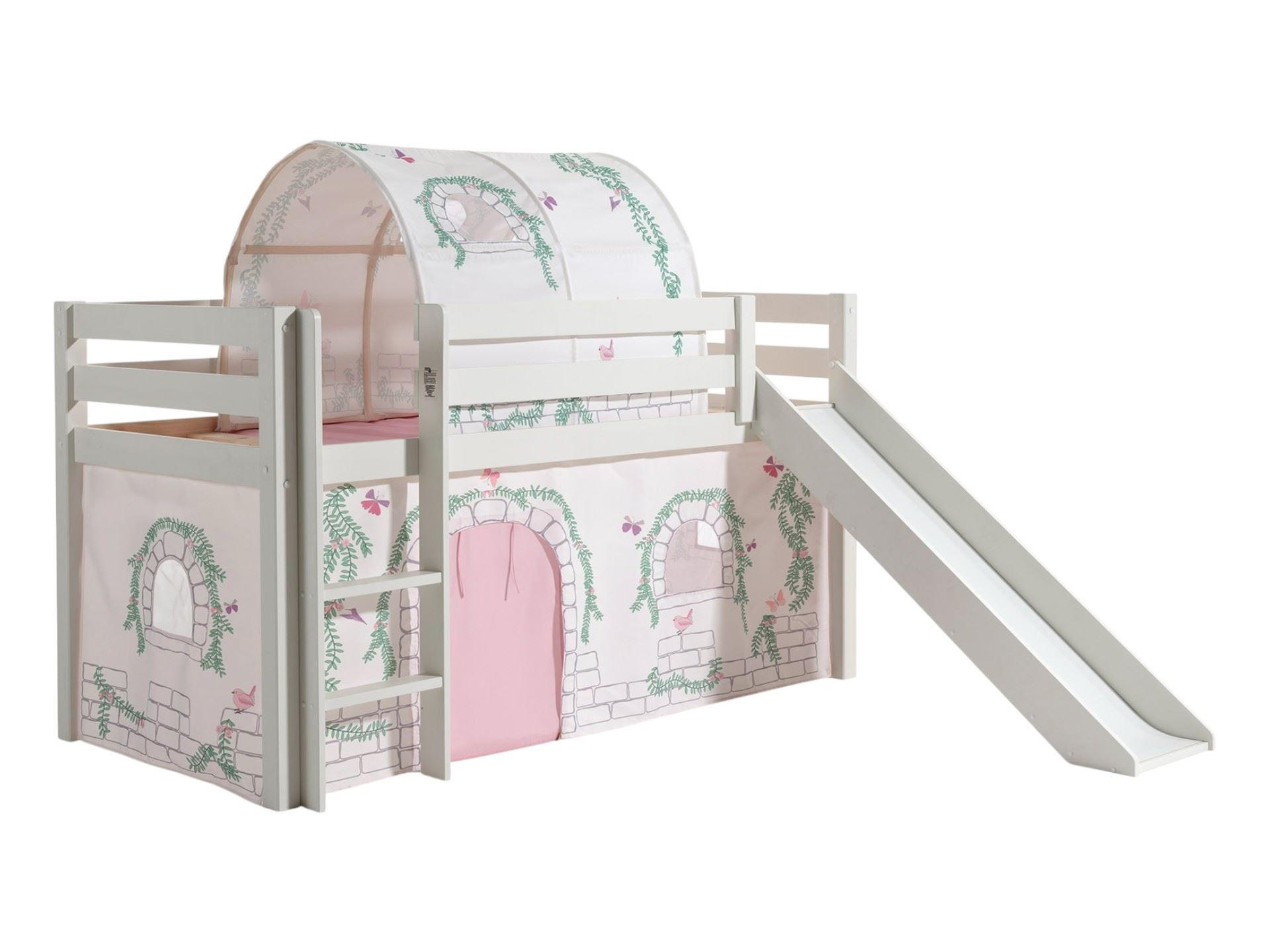 HOCHBETT mit Rutsche Karolina Massivholz Weiß Textilset Burg 2 - Hellgrau/Weiß, Holz (90/200cm) - 58aufmkessel