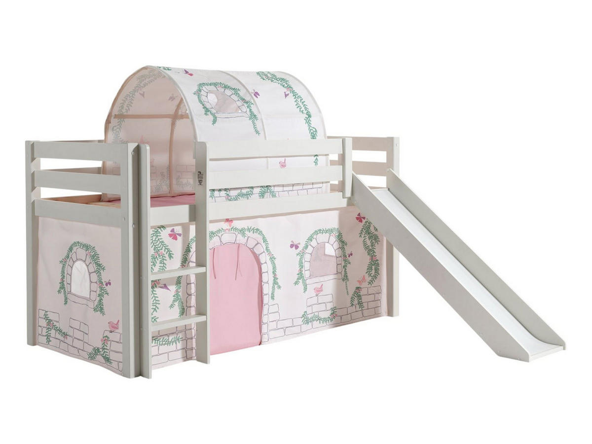 HOCHBETT mit Rutsche Karolina Massivholz Weiß Textilset Burg 2 - Hellgrau/Weiß, Holz (90/200cm) - 58aufmkessel