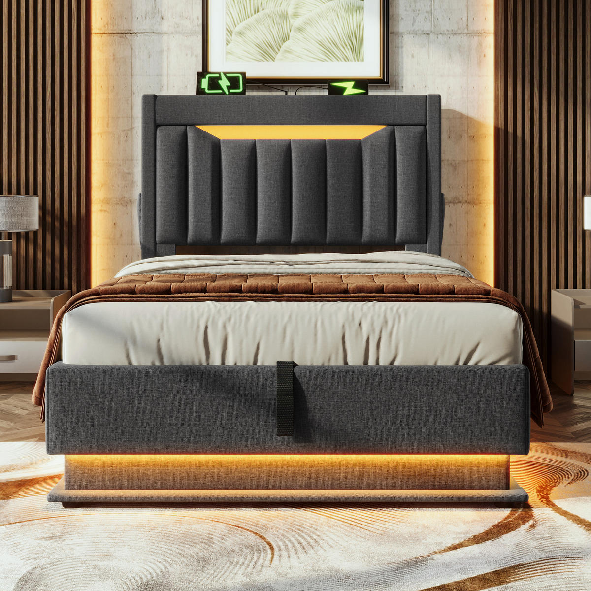 BETT mit Stauraum und LED 90x200 cm Leinen Grau inkl. Matratze - Grau, Metall (90/200cm) - Meubliv