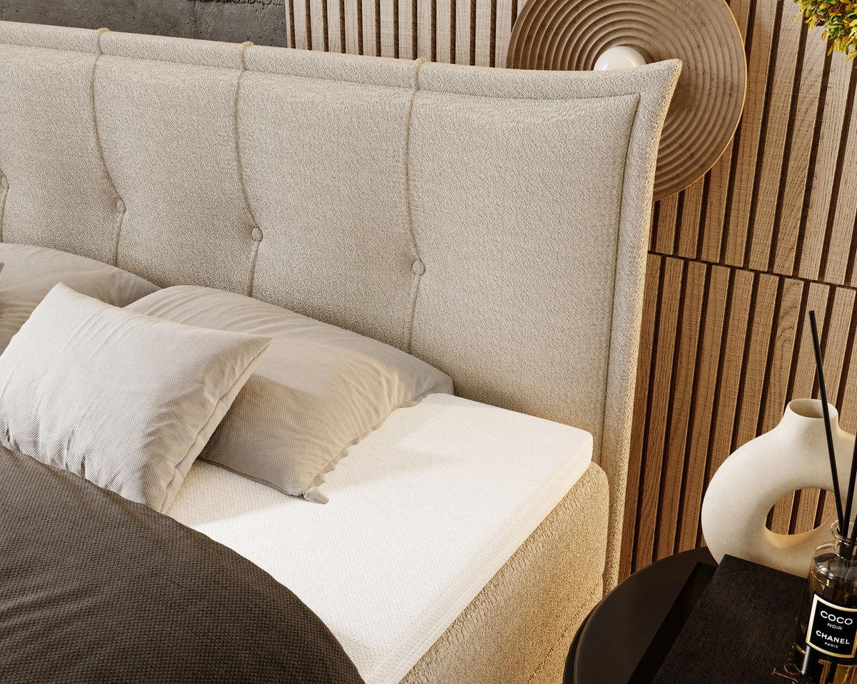 BOXSPRINGBETT Boucle 180x200 Liron mit Kissen-Kopfteil und Matratze, Creme - Creme, Holz/Textil (180/200cm) - Emporius