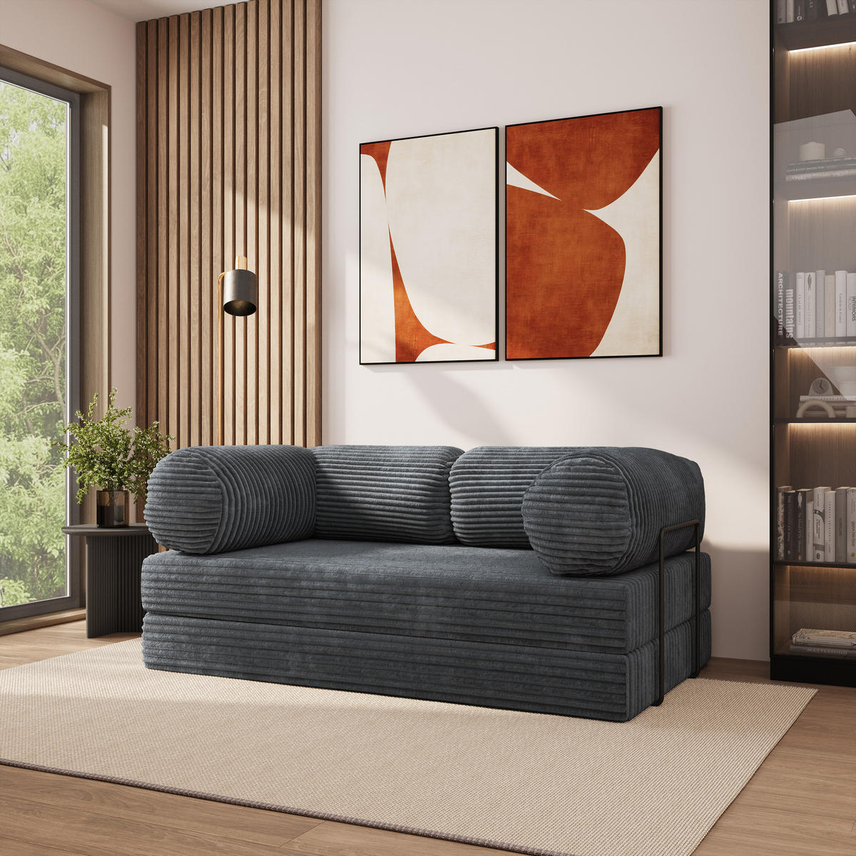 POHOVKA z pěny ALVIO s kovovým rámem Manšestrová látka Grafitová - tmavě šedá/antracitová, textil (170/68/80cm) - MASSENO