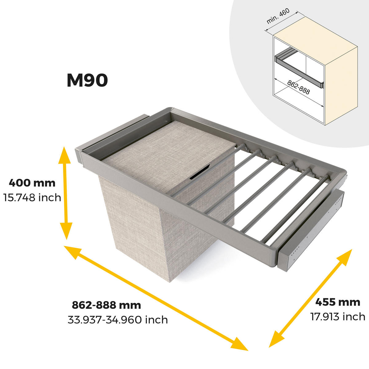 HOSENHALTER Mit 7 Stangen, Wäschekorb Und Rahmen Für Schrank Quartz, Soft-Close, Vollauszug, 90cm, Titan-Oberfläche - Titanfarben, Metall (45.5/40/88.8cm) - EMUCA