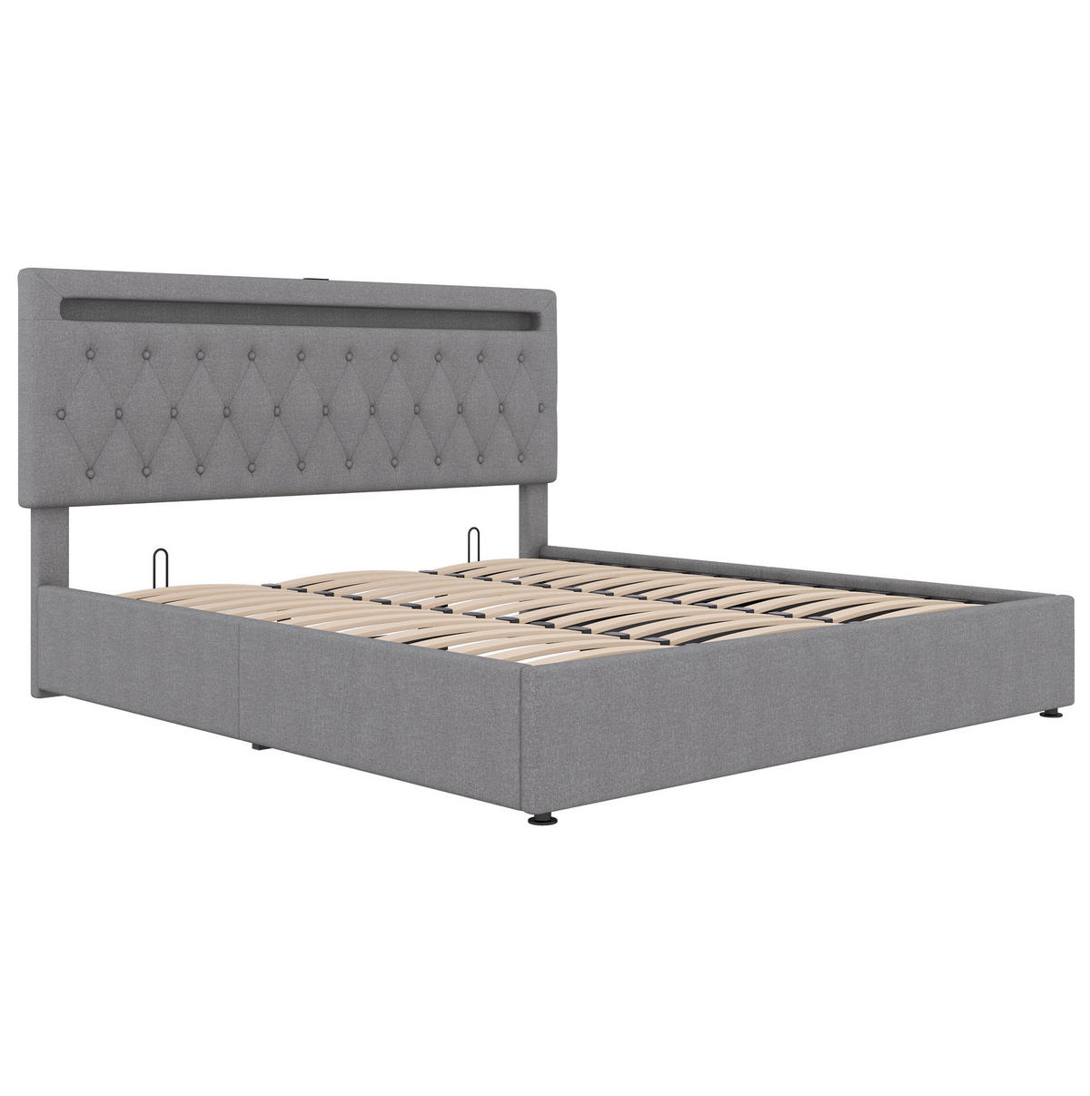BETT mit Stauraum 180x200 cm Leinen Grau 2 USB-Anschlüsse - Grau, Metall (180/200cm) - Meubliv
