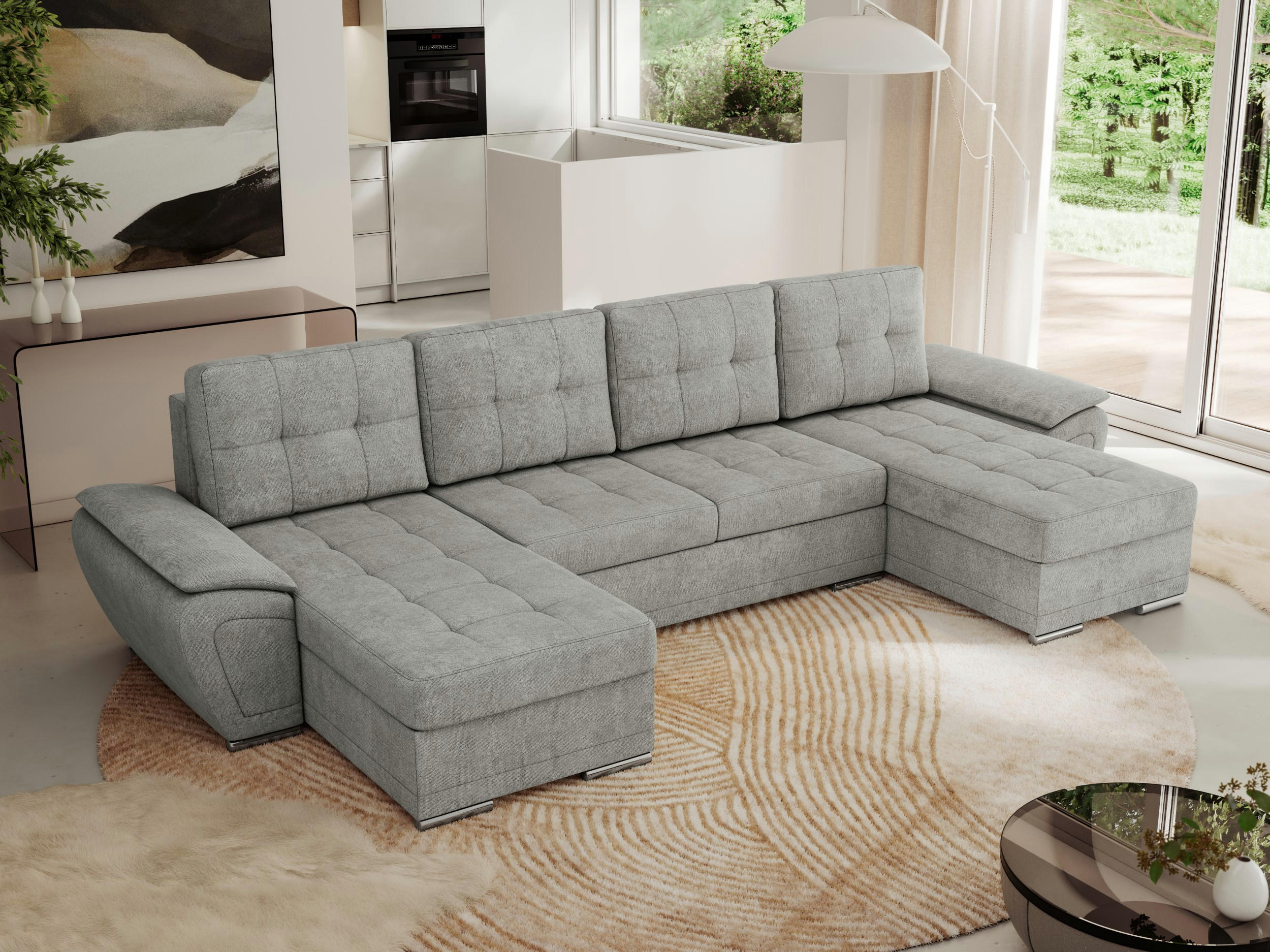 WOHNLANDSCHAFT UMBRIA U Hellgrau Stukture - Hellgrau/Grau, Textil/Metall (336/85/157cm) - MKS