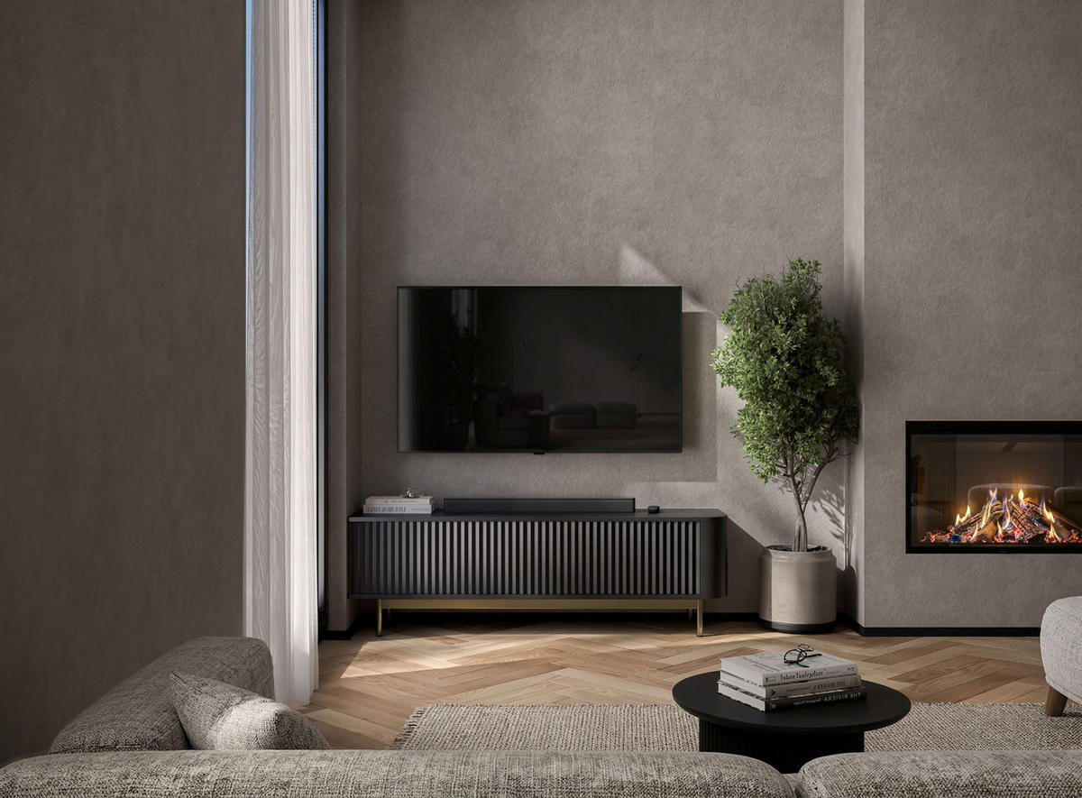 TV stolek Aurora černý matný 140 cm se zlatým kovovým rámem - černá/zlatá, kov/kompozitní dřevo (140/44/35cm) - Meble Lindner